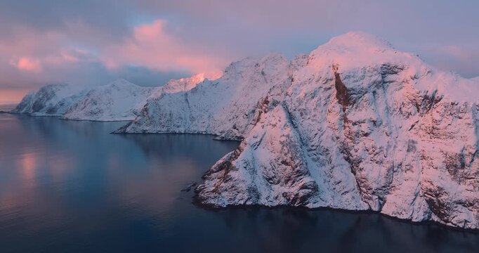 Aerial view of Lofoten peaks during sunset 