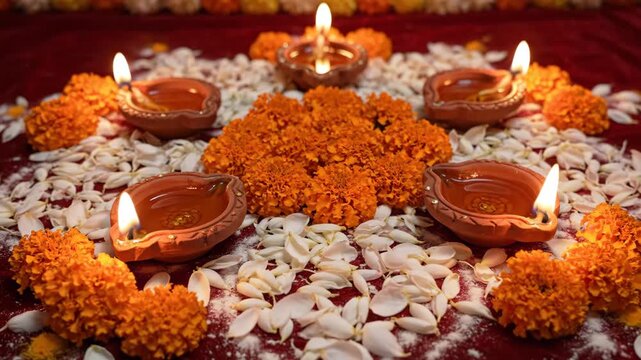 Diwali Celebration with Earthen Lamps and Rangoli Pattern - This video showcases a vibrant Diwali celebration with traditional earthen lamps (diyas) and a rangoli pattern made of white flower petals.