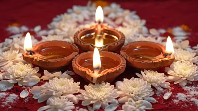 Diwali Rangoli with Earthen Lamps - A traditional rangoli pattern is created for the Hindu festival Diwali, featuring earthen lamps arranged among white flowers on a red background.
