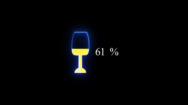 Glowing neon wine glass icon with yellow fill and 36 percent text on black background image photo