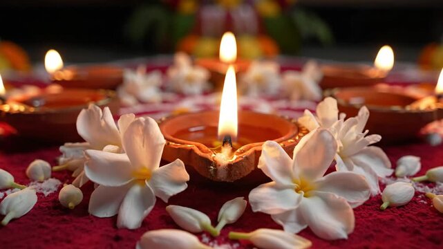 Diwali Lamps and Flowers Rangoli - This video shows a beautiful Diwali rangoli pattern made of earthen lamps and white flowers on a red background.