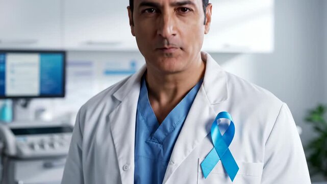 Doctor Supporting Prostate Cancer Awareness - A medical professional wearing a white lab coat and a light blue ribbon on his chest, symbolizing support for prostate cancer awareness and men's health.