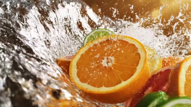 Citrus fruits in sparkling water - A vibrant arrangement of citrus fruits including lime, lemon, orange, and grapefruit slices are shown mid-splash with sparkling water.