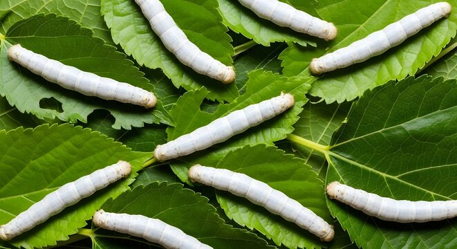 Silkworms feeding on mulberry leaves a close up view of sericulture