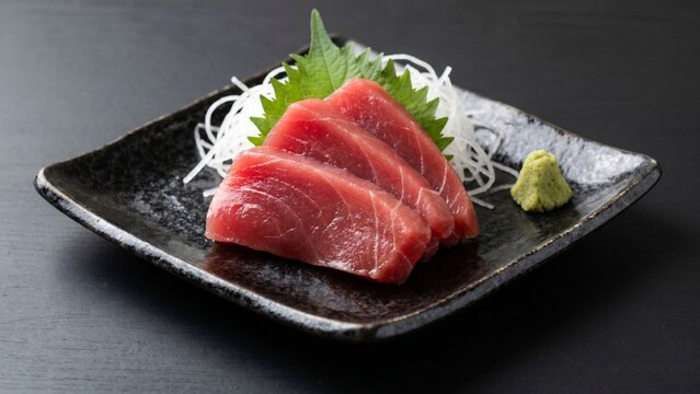 黒い和皿に美しく盛り付けられた新鮮なまぐろの刺身を、つま、大葉、わさびとともに捉えた和食イメージ。鮮やかな赤身の色合いとしっとりとした質感が際立つ、高級感のある日本料理、海鮮、寿司ネタ、刺身メニュー、グルメ訴求に適した上質なフードビジュアル
