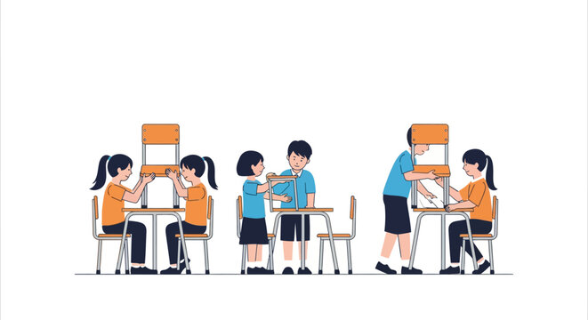Children collaboratively arranging chairs and tables for a classroom activity