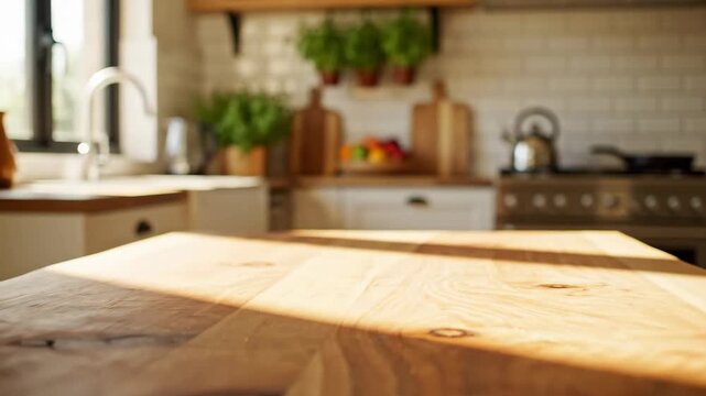 Rustic Wooden Tabletop with Blurred Kitchen Background - This video shows an empty wooden tabletop bathed in sunlight, ideal for product placement or showcasing culinary creations.