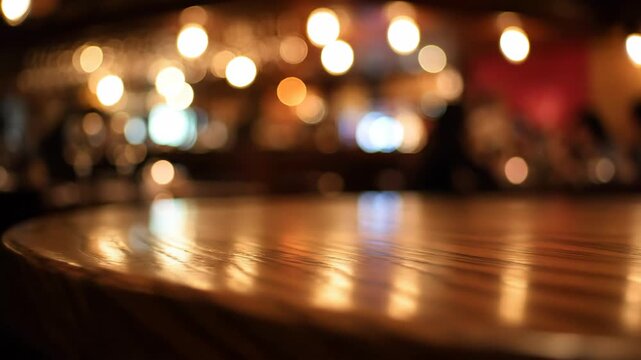 Empty Wooden Table with Bokeh Lights - This video features a close-up of an empty wooden table in the foreground.