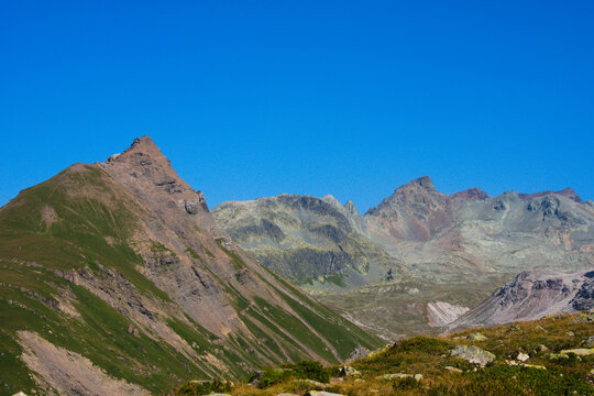 Views of the high peaks, mountaineering destinations in the Albula Alps (from left: Piz Bardella, Piz d'Agnel, Tschima da Flix, Piz Picuogl). Canton Graub&uuml;nden, Switzerland