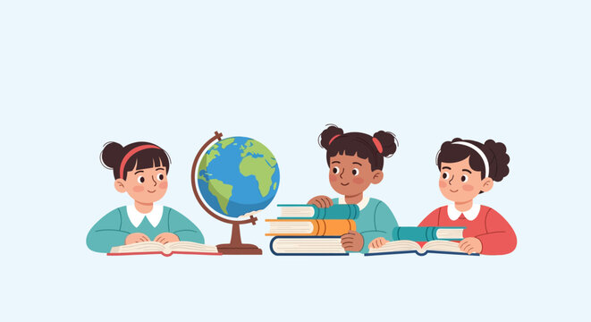 Young children engrossed in learning with a globe and books