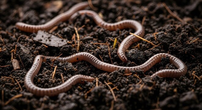 Several earthworms wriggling through dark rich soil in a natural habitat