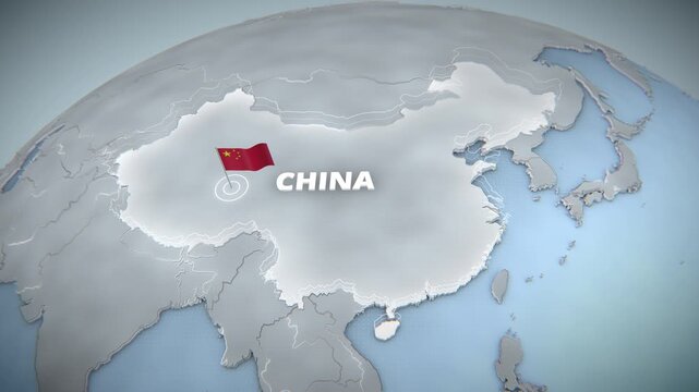 3D Map of China on a Gray Globe with National Flag and Text for International Business and News Broadcasts