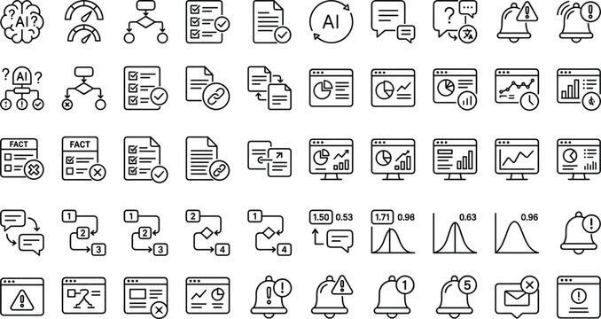 AI hallucination monitoring outline icon collection with fact checking alerts confidence scores and validation workflow symbols for app design