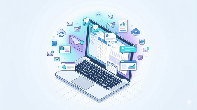 Isometric laptop illustration with email, messaging, analytics, and cloud icons representing digital communication, workflow automation, online collaboration, and business technology.