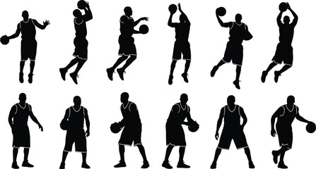 Black, and, white, basketball, player, silhouette, set, of, twelve, dynamic, poses, jumping, shooting, dribbling, dunking, athletes, sports, action, icons, collection © Baizid
