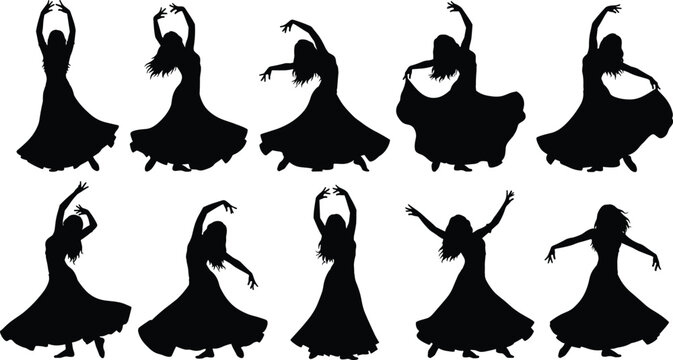 Black, and, white, belly, dance, silhouette, set, of, ten, poses, flowing, dresses, oriental, dancer, movement, ethnic, performance, graceful, woman, acting