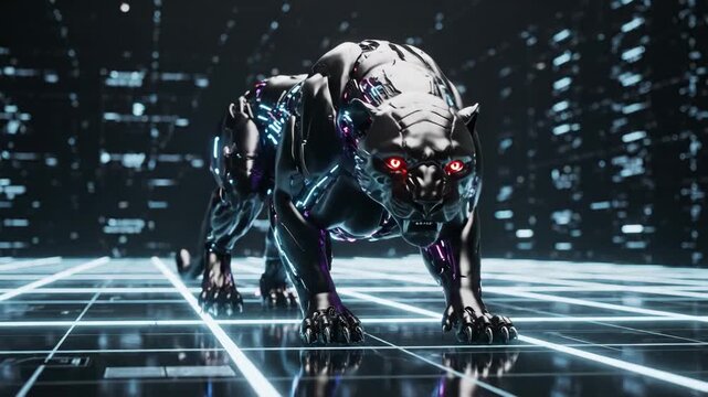 Futuristic Robotic Panther with Red Eyes - A sleek, robotic black panther with glowing red eyes prowls across a grid-like surface with neon reflections.