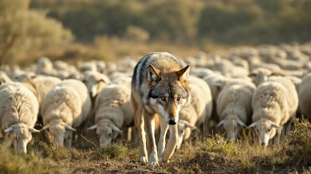 A wolf stands in front of a flock of sheep in a field.