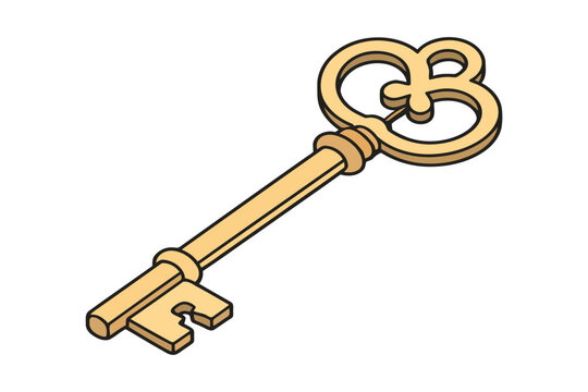 A single golden vintage skeleton key illustration in isometric view