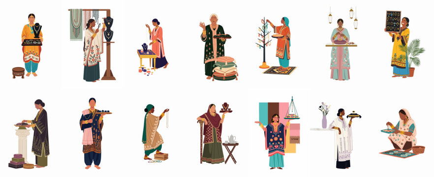 Collection of South Asian women in traditional attire showcasing, selling, and crafting handmade jewelry and ethnic textiles in a marketplace setting.