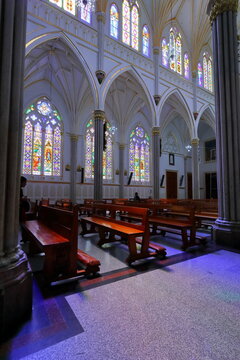 Gothic Church Interior with Colorful Stained Glass, Las Lajas Basilica, Ipiales, Colombia