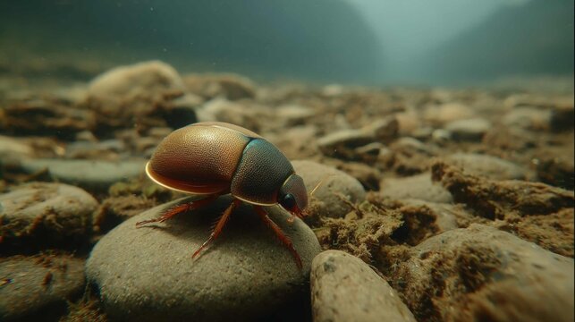 Diving beetle with flattened body and large hind legs perched on a river stone underwater