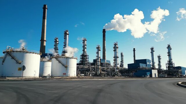 Industrial Chemical Plant and Oil Refinery - A wide angle view shows a large industrial chemical and oil refining plant under a clear blue sky.