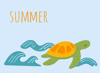 Cartoon Turtle Character Summer Poster. Cute Marine Wild Animal Fun Card background. Summer Ocean Coastal Beach Resort Rest Theme. Exotic Tropical Life Nostalgic Retro 90s Design Element © vanillamilk