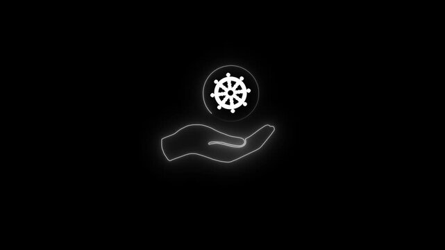 White outline of an open hand holding a circular icon with a Dharma wheel symbol against a black background