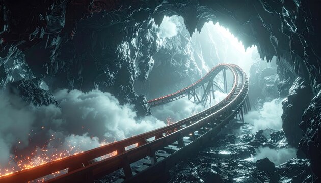 Roller Coaster in Dark Cave with Smoke and Sparks