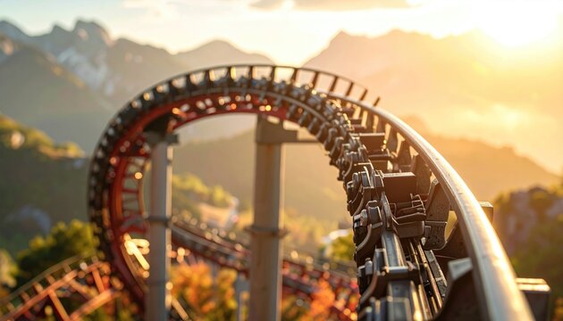 Roller Coaster Ride Overlooking Mountains at Sunset
