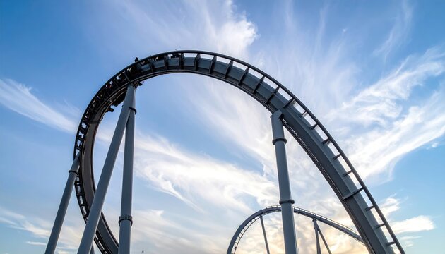 Roller coaster track against a dramatic sky with wispy clouds, outdoor amusement park ride.