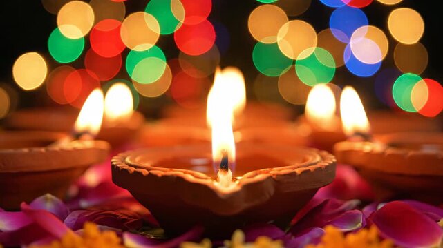 Lit Diyas and Bokeh during Diwali Festival - Close-up shot of lit clay diyas creating a warm glow during the Hindu festival of Diwali.