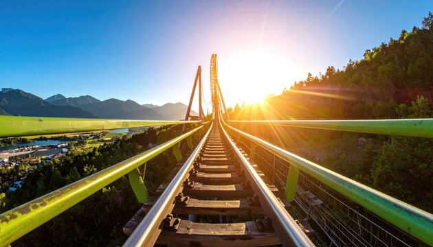 Roller coaster track leading to sunset over mountains and green valley