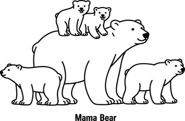 Simple Line Drawing of a Mama Bear with Three Cubs on White Background Keywords: mama bear, mother bear, bear cubs, baby bears © MdMehedi