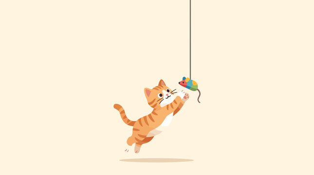 A charming minimalist vector illustration of a cute ginger tabby cat jumping and playing with a colorful toy mouse on a string against a warm beige background.
