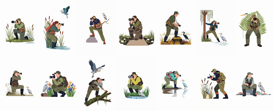 Collection of Diverse Wildlife Photographers Observing and Capturing Images of Herons in Natural Habitats