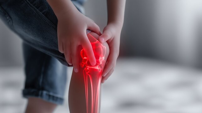 Little boy feels pain in knee joint with x-ray graphic showing injury while playing at home