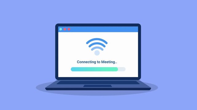 Animated illustration of a laptop connecting to an online meeting with wireless signal icon, suitable for virtual communication and technology concepts.