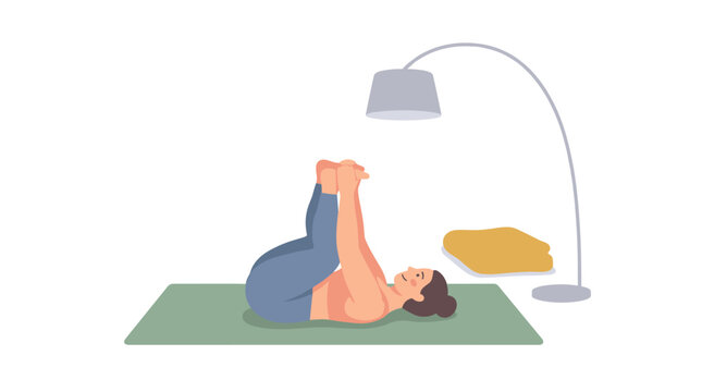 Person performing glute bridge on yoga mat under lamp.