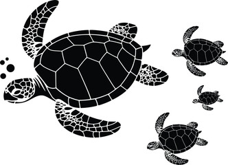 Black Silhouette Sea Turtles Swimming with Bubbles on White Background Keywords: sea turtle, marine life, ocean, animal, wildlife © MdMehedi