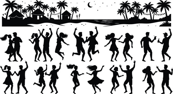 People dancing joyfully on a beach at night isolated on white background, Vector