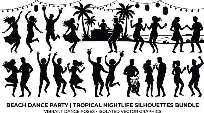 People dancing at a beach party under string lights isolated on white background, Vector