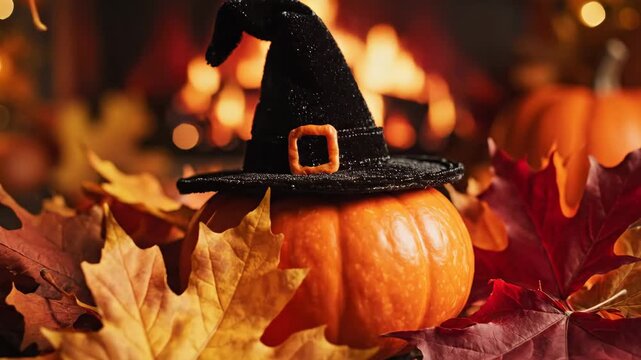 Halloween Pumpkin with Witch Hat and Autumn Leaves - A small orange pumpkin wearing a black witch hat sits amongst vibrant orange and red autumn leaves, creating a playful and festive Halloween mood.
