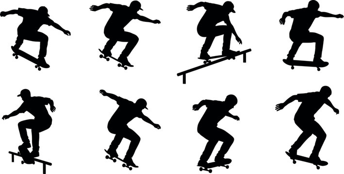 Skateboarder silhouette collection dynamic action poses for extreme sports graphics