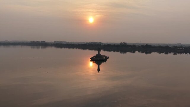 Aerial shot of Buddha Statue at Hussain Sagar Lake in Hyderabad, India