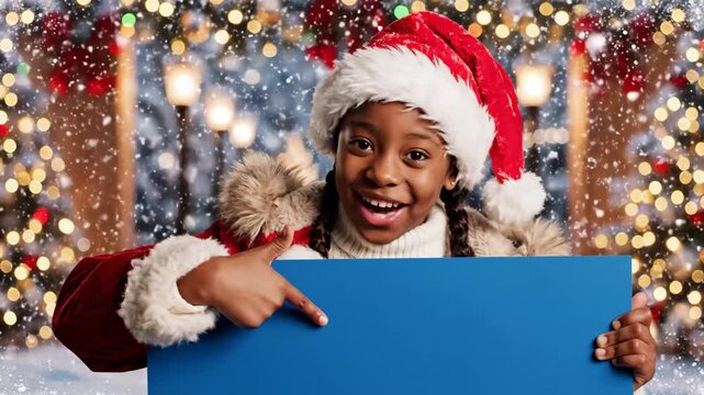 Smiling Girl Holding Christmas Sale Sign - A happy young African American girl, wearing a Santa hat and coat, smiles while holding a blank blue sign.