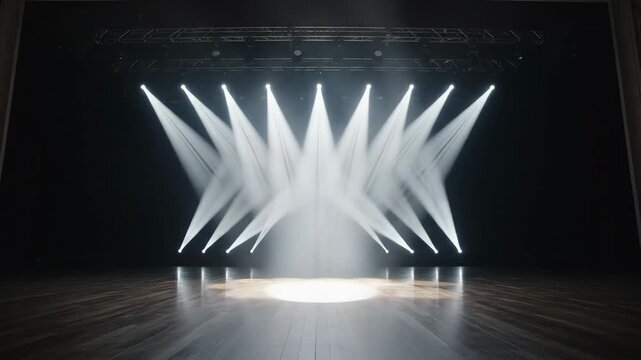 Stage with Dramatic Spotlights - The video shows a stage bathed in bright white light beams, creating a dynamic and theatrical atmosphere.
