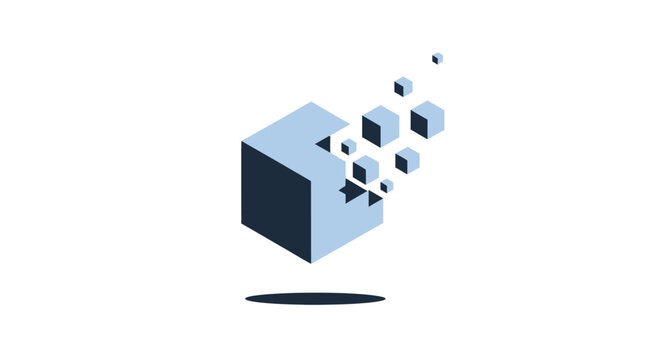 A blue cube disintegrates into smaller cubes.