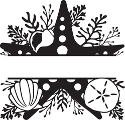 Beach themed split monogram silhouette isolated on a white background. Hand drawn starfish with seashells seaweed and sand dollar. Ocean elements with a blank split monogram for your text © Janice Higgins